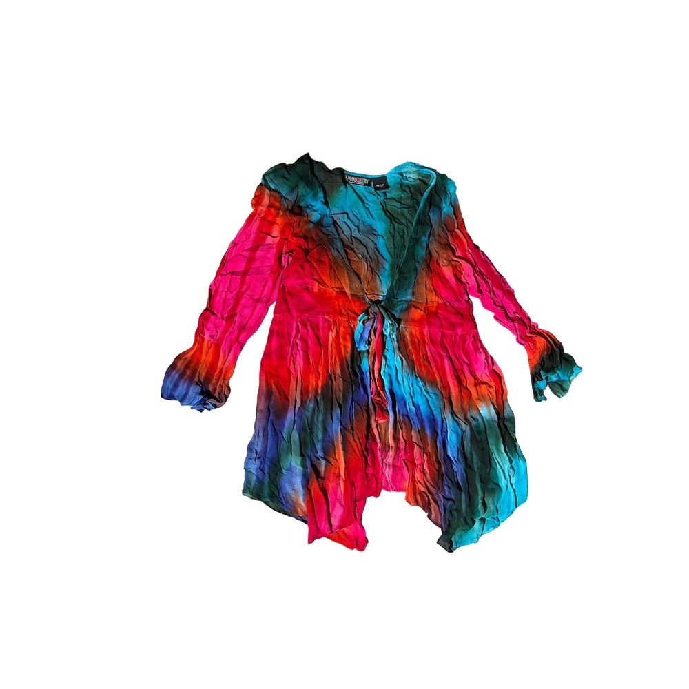 The Pyramid Collection Tie Dye Crinkle Tunic Top Red Blue Green Rayon 1X Boho